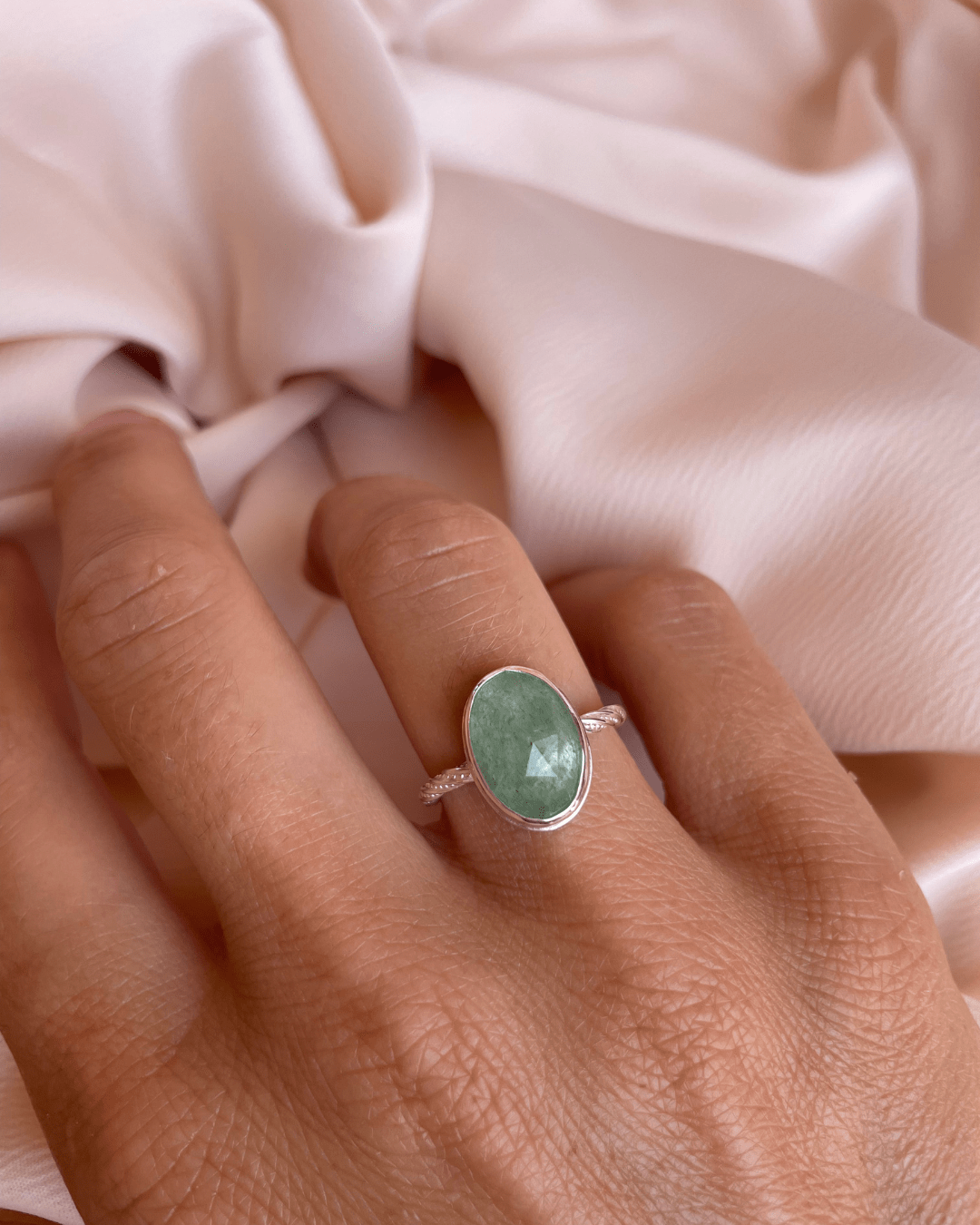 “Verdant Whisper” Green Strawberry Quartz Ring